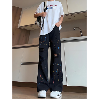 春夏黑色涂鸦破洞牛仔裤男款宽松潮牌痞帅炸街裤子直筒阔腿弯刀裤
