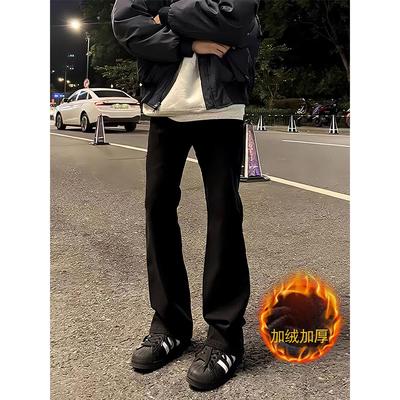 黑色柳叶弯刀牛仔裤男款冬季加绒美式高街vibe裤子直筒修身微喇裤