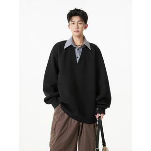 假两件衬衫 痞帅学院风polo衫 秋季 领拼接卫衣男款 外套 长袖 正肩美式