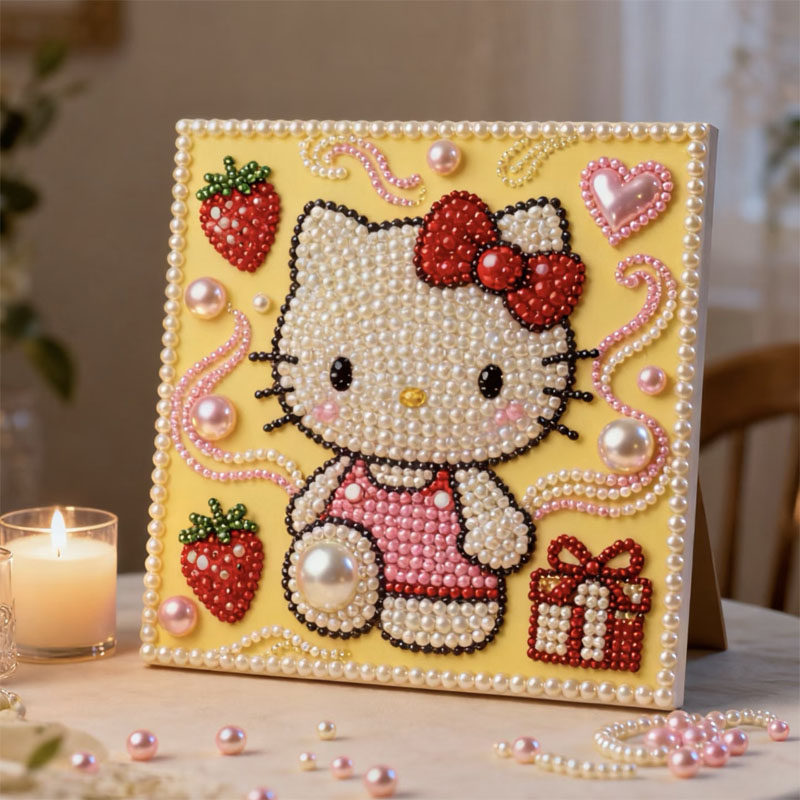 HelloKitty珍珠画diy手工粘钻石画KT猫创意摆台装饰画送朋友礼物