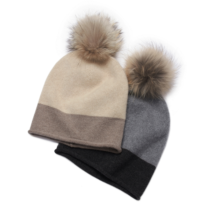 新款秋冬女山羊绒针织帽时尚百搭双色拼接加大护耳可拆卸毛球帽子
