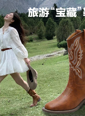 何穗同款西部牛仔靴女靴子复古骑士靴夏季薄款民族风长筒靴马丁靴