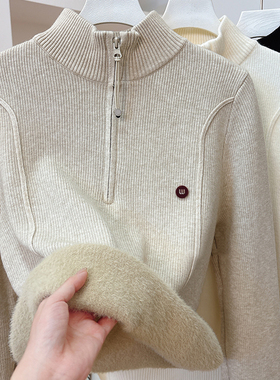 加绒加厚2025新款立领拉链洋气百搭套头保暖毛衣针织衫上衣女冬季