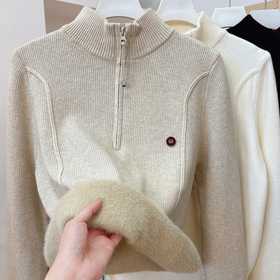 加绒加厚2025新款立领拉链洋气百搭套头保暖毛衣针织衫上衣女冬季