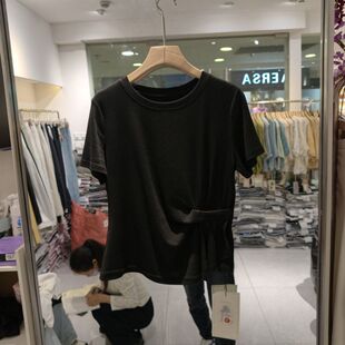 思情依人6023黑色短袖T恤夏装2026新款修身圆领荷叶边不规则上衣