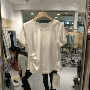 思情依人6029设计感单肩镂空圆领短袖T恤女白色修身显瘦上衣夏