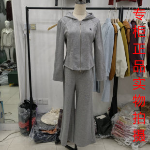 艾尔菲洋26A简约运动风连帽套装 女灰色显瘦两件套春秋休闲套装