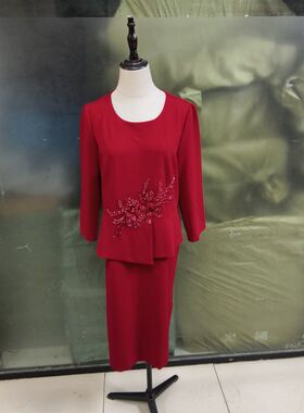 金丹妮1858红色假两件镶钻连衣裙女气质婚礼妈妈装婚宴礼服裙