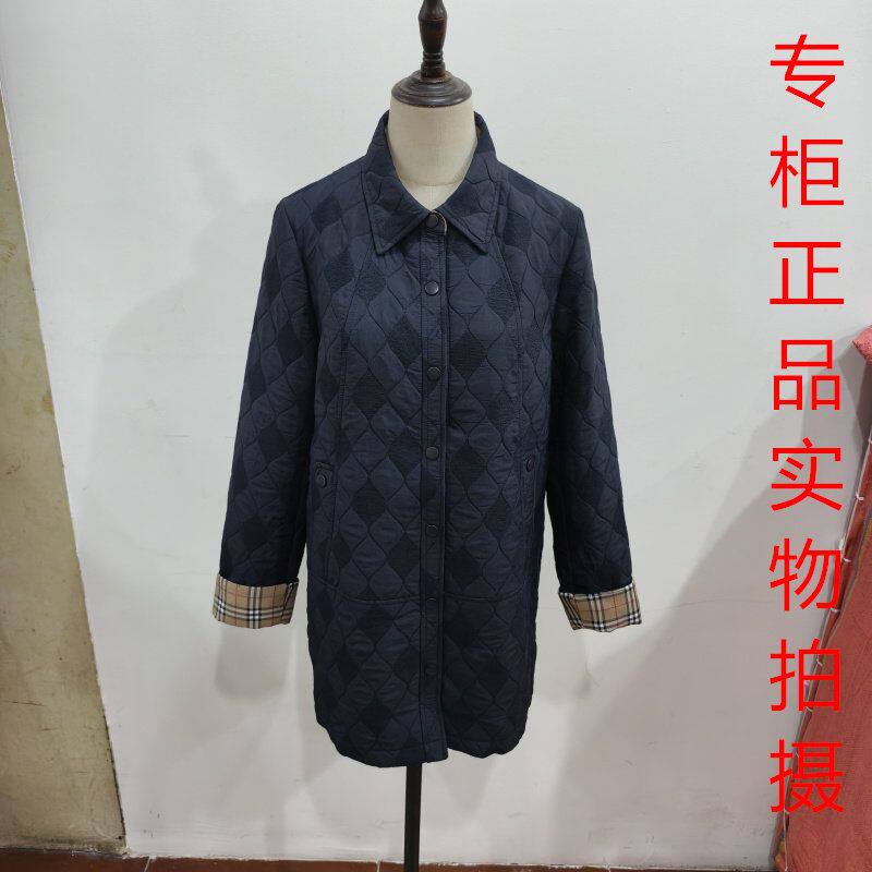龙威伊姿25B-032时尚休闲衬衫领中长款外套菱格纹排扣妈妈装显瘦