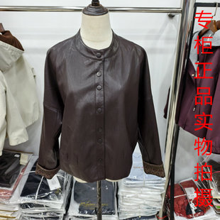 红锦2635时尚简约圆领皮衣女短款外套气质百搭机车风黑色夹克2026