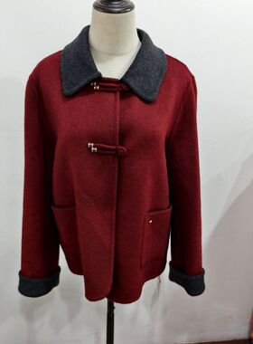 红叶李25116中式妈妈风翻领羊毛短外套女春季新款气质双面呢外套