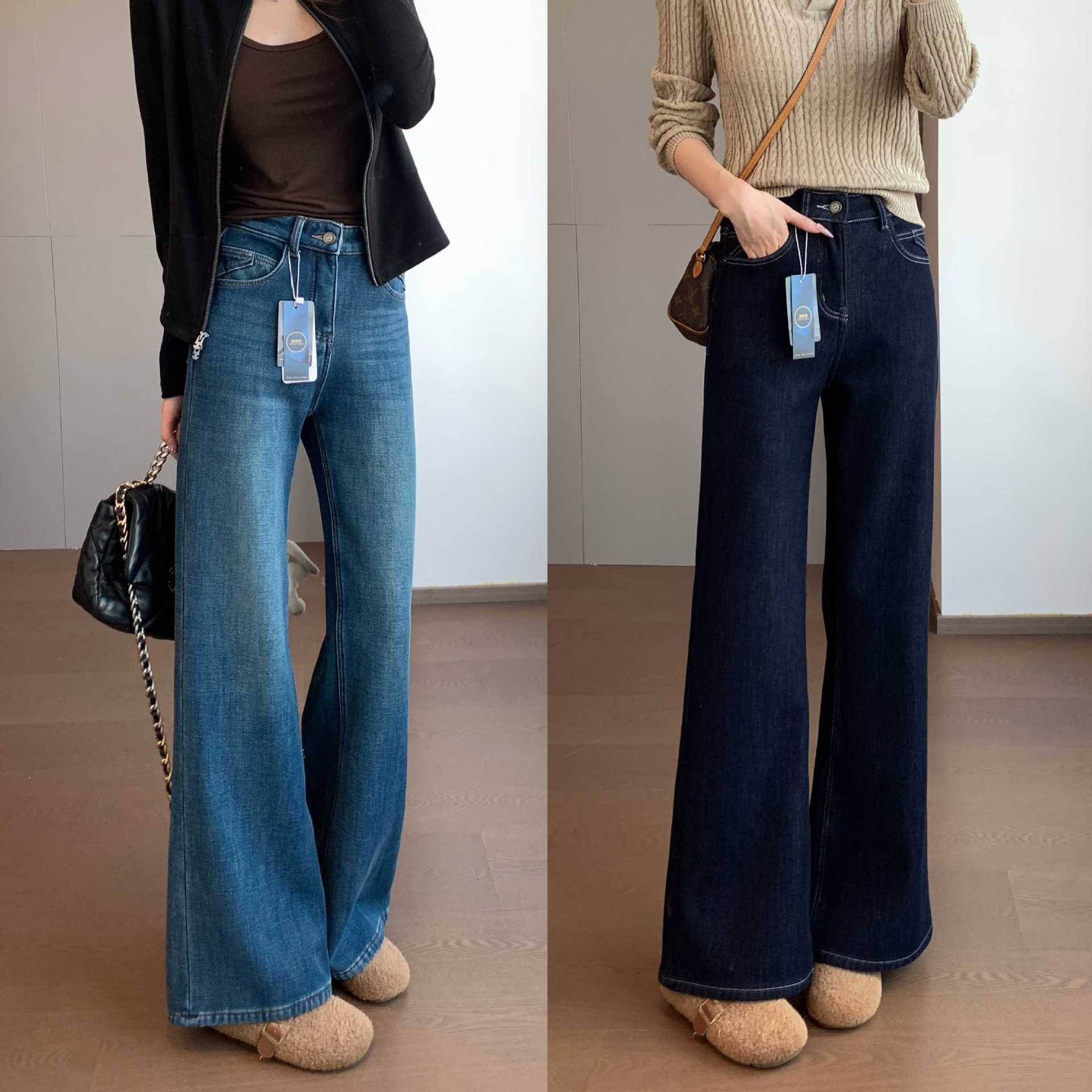 立体剪裁 四面弹做旧复合加绒修身塑形高腰直筒喇叭牛仔裤,女装/女士精品,牛仔裤,淘宝优惠券,粉丝福利购,淘宝优惠卷