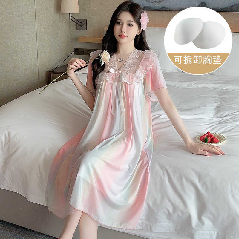 带胸垫网纱V领花边彩虹色蕾丝宫廷公主风连体夏季款睡衣裙家居服