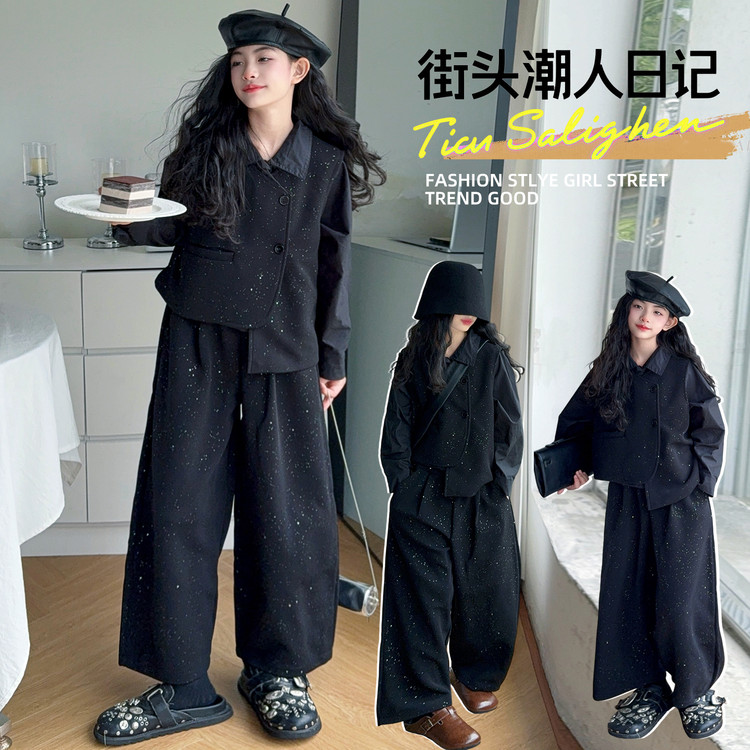 女童秋装套装2025新款儿童衣服洋气时髦马甲衬衫阔腿裤三件套秋季