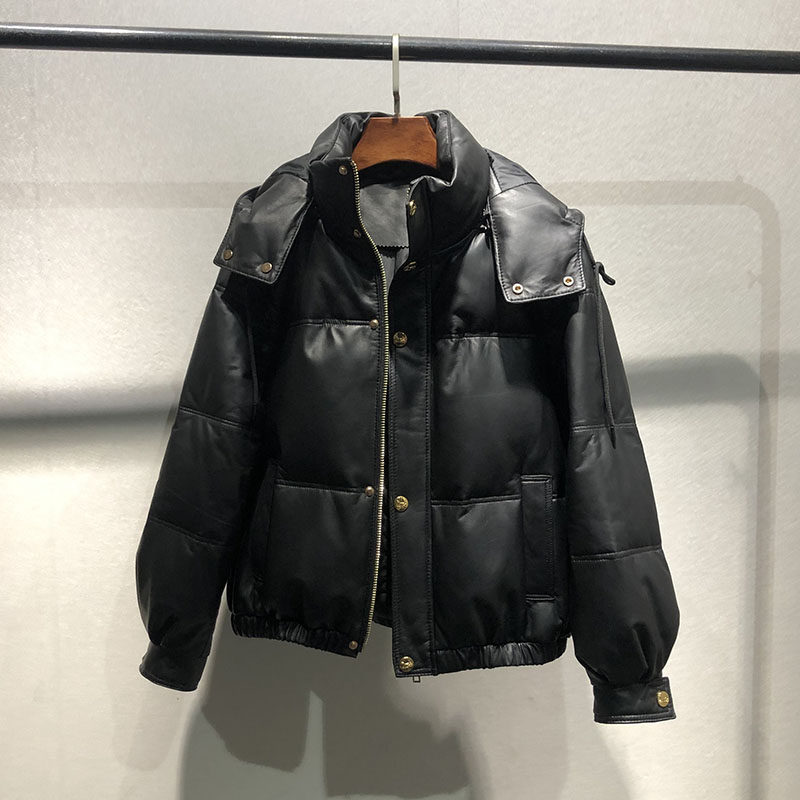 2022冬季新款海宁真皮皮衣女短款羽绒服白鸭绒短款连帽保暖外套