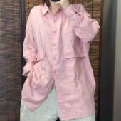 宽松休闲中长衬衫 衬衣女大口袋上衣100%亚麻大码 高品长袖 春秋新款