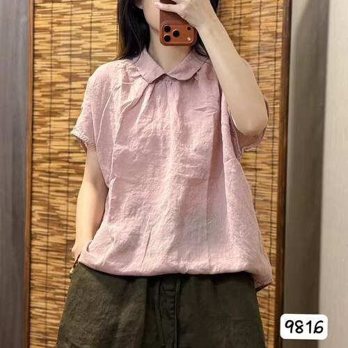 纯色亚麻短袖衬衫女翻领减龄上衣