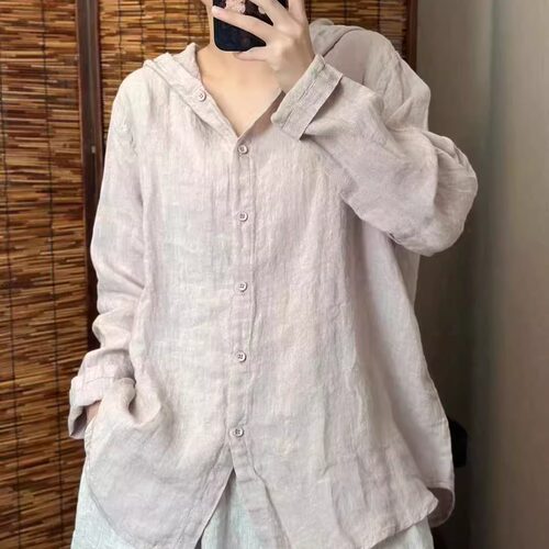 高品质100%纯亚麻长袖衬衫女秋季新款休闲通勤百搭连帽开衫外套