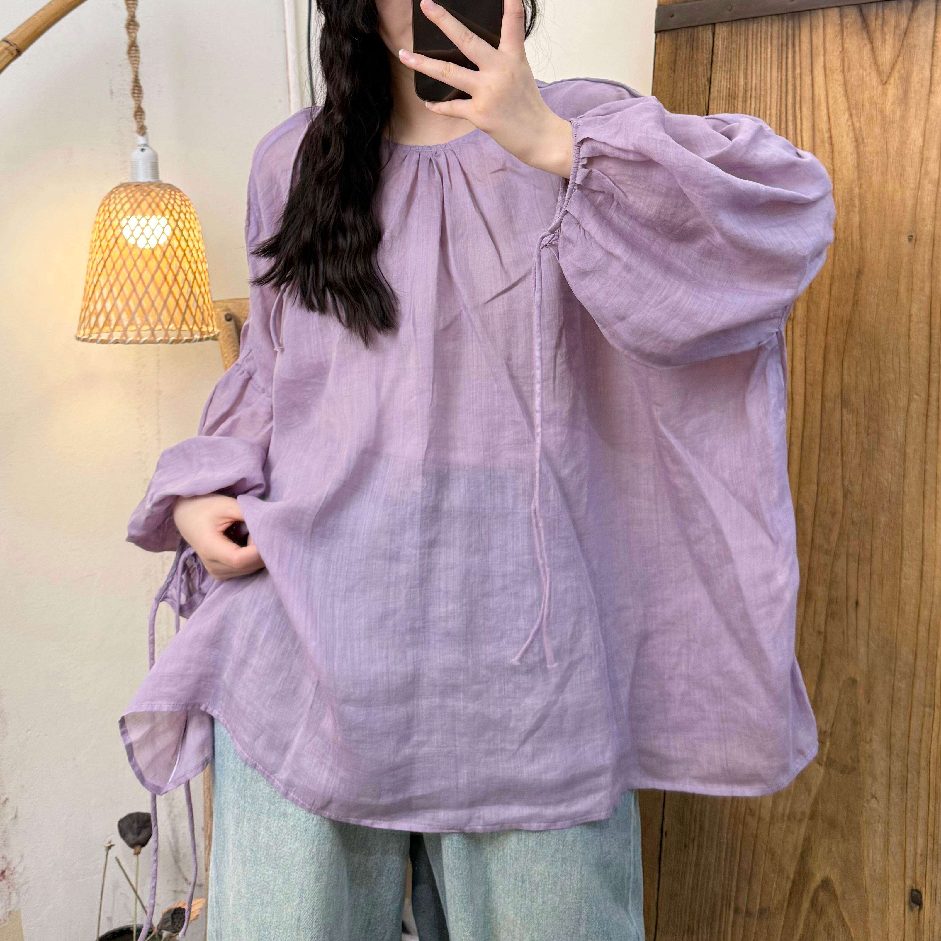 100%苎麻大版圆领套头抽绳上衣女