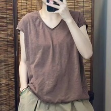 夏季新款简约纯色V领竹节棉短袖T恤文艺风休闲百搭舒适透气上衣女