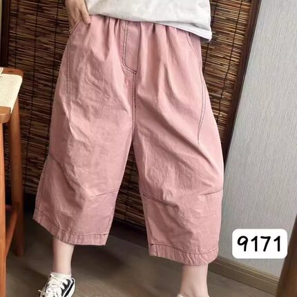 夏季新款复古立体拼接全棉休闲裤女时尚明线阔腿裤显瘦宽松七分裤