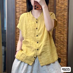 原创文艺亚麻短袖T恤衫女夏季舒适透气宽松百搭纯色休闲上衣