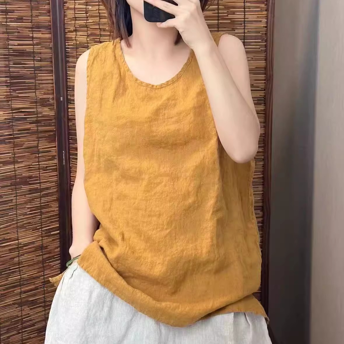 100%纯亚麻圆领背心女文艺宽松休闲外穿百搭纯色无袖内搭打底上衣