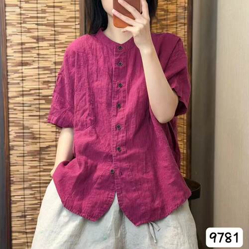 100%亚麻短袖衬衫女百搭T恤上衣