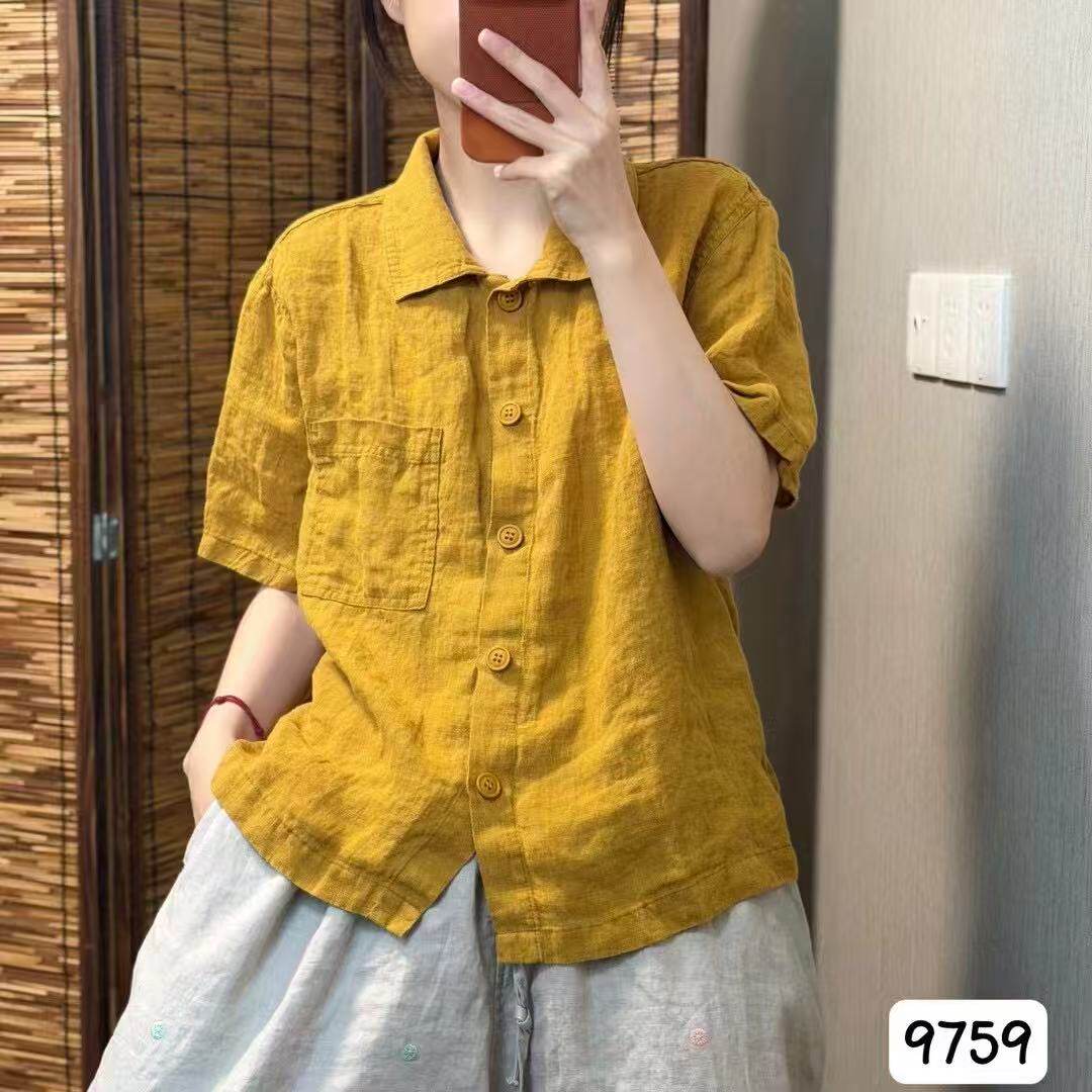 高品质100%纯亚麻短袖衬衫女夏季休闲通勤百搭T恤气质显瘦上衣薄