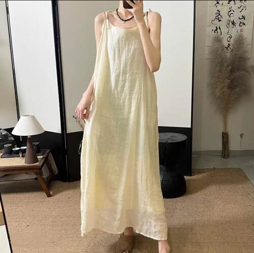 苎麻纯色吊带裙百搭连衣裙