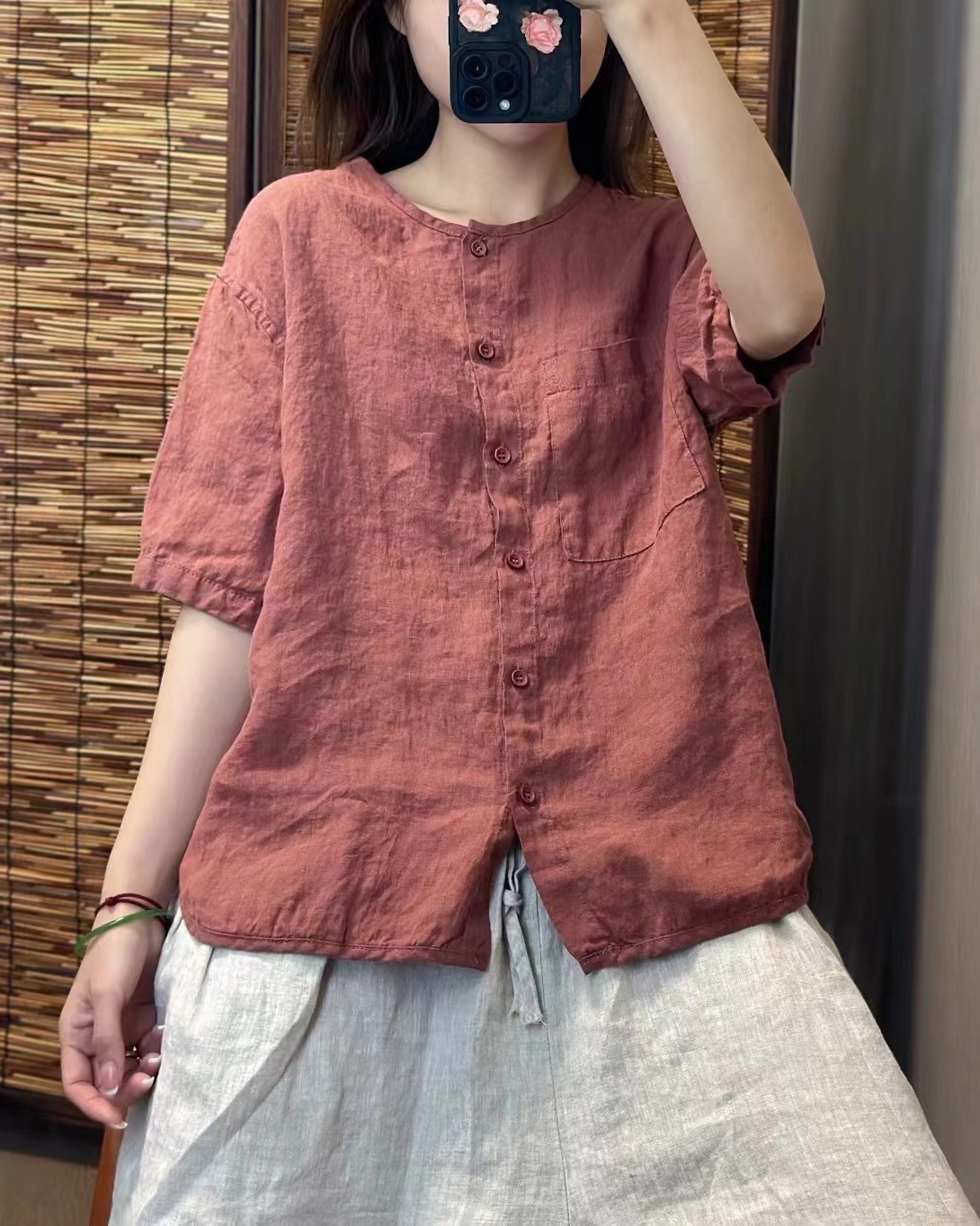 纯色100%亚麻短袖圆领衬衫女夏季休闲通勤百搭显瘦T恤开衫上衣薄