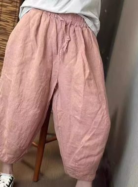 100%纯亚麻萝卜裤女休闲裤