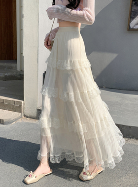 蕾丝拼接半身裙女伞裙夏季新款宽松长裙白色蛋糕裙a字大摆半裙子