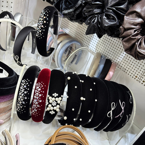 韩国复古黑丝绒珍珠水晶高颅发箍