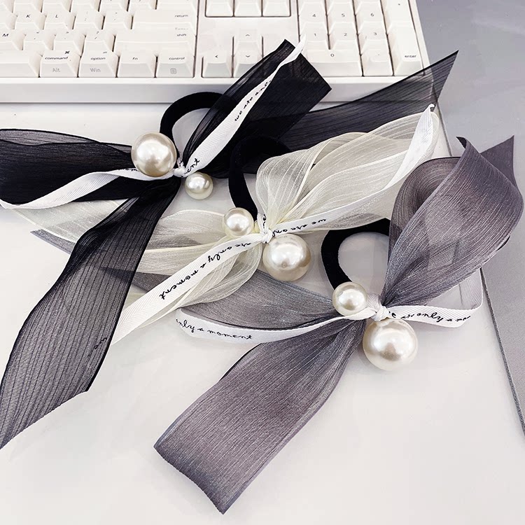 韩国代购正品水晶纱字母飘带蝴蝶结高品质大小珍珠发圈发绳头绳