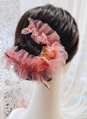 JIALI韩国代购高级感精致粉色军绿色褶皱欧根纱镶钻大抓夹盘发夹