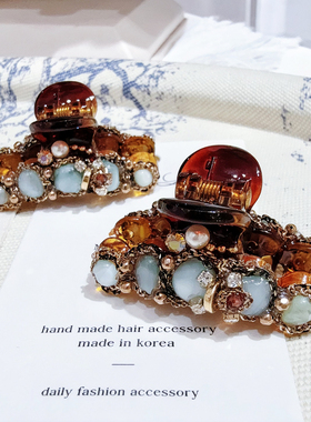 JIALI韩国代购Ruby韩国手工原石水钻珍珠半抓发夹复古方刘海发卡