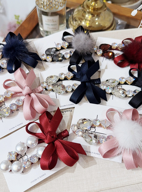 佳丽韩国SIAM张元英同款发夹粉色绸带蝴蝶结闪钻镂空鸭嘴夹侧边夹