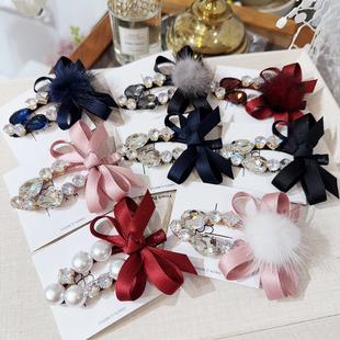 佳丽韩国SIAM张元英同款发夹粉色绸带蝴蝶结闪钻镂空鸭嘴夹侧边夹