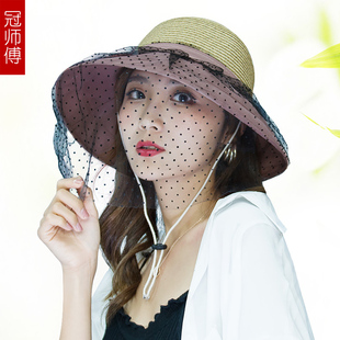 遮阳帽女夏防紫外线大沿太阳帽面纱防蚊防飞絮网纱遮脸帽折叠两用