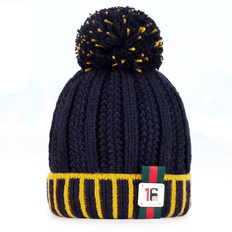 男女童冬季双层保暖毛线帽时尚加绒加厚针织帽儿童翻边帽檐护耳帽