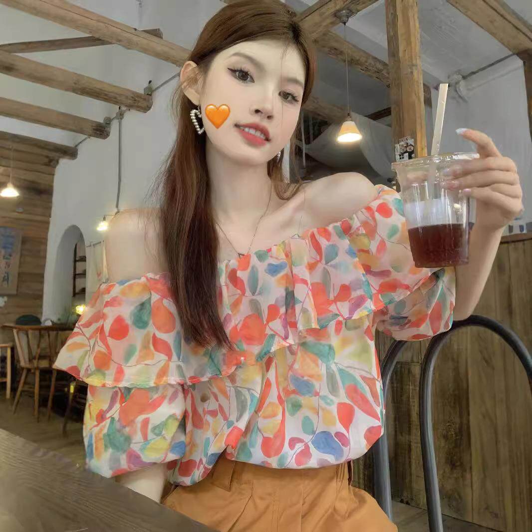 一字肩雪纺碎花衬衫女2026年夏季新款荷叶边露肩短袖泡泡袖上衣女