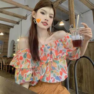 泡泡袖 一字肩雪纺碎花衬衫 荷叶边露肩短袖 新款 上衣女 女2026年夏季