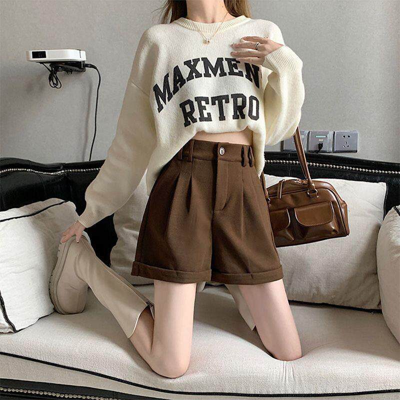 毛呢短裤女2026春季新款韩版显瘦西装裤阔腿靴裤卷边咖色休闲裤子