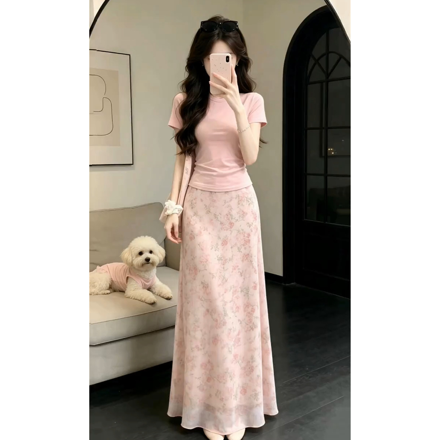 粉色上衣碎花半身裙两件套装2026超火巨好看穿搭一整套绝美连衣裙