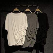 左拓 2025年夏季简约黑色白色抽绳不规则丝棉女装短袖圆领T恤衫