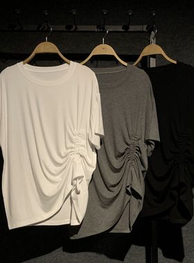 左拓 2025年夏季简约黑色白色抽绳不规则丝棉女装短袖圆领T恤衫