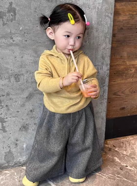 韩国童装2025春季新款奶黄色连帽针织毛衣女童灰色阔腿裤两件套装
