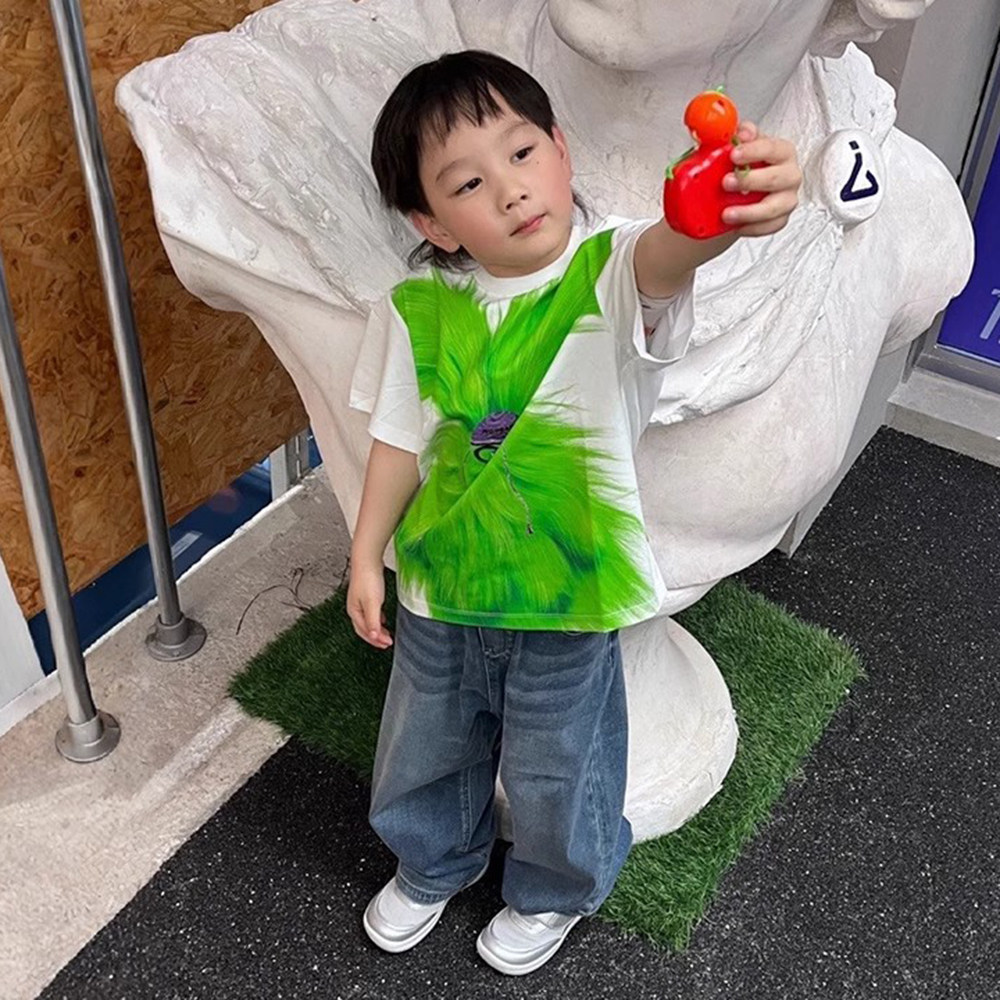 韩范童装2025夏季新款可爱潦草毛毛怪印花T恤男女童纯棉短袖上衣