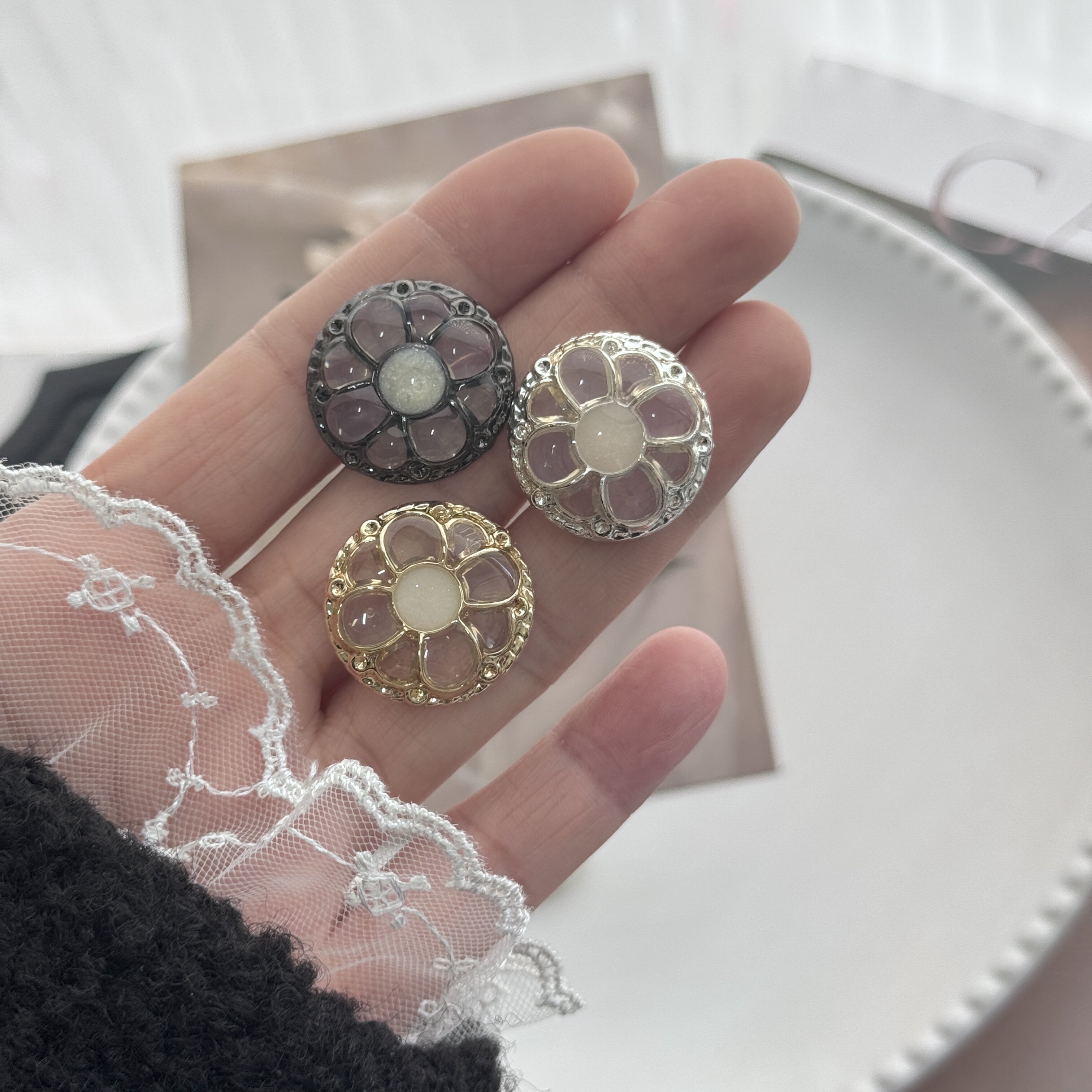 花形小香风透明滴胶金属纽扣
